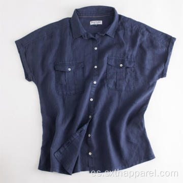 Blusa de camisa de manga corta de lino 100% primavera para mujer